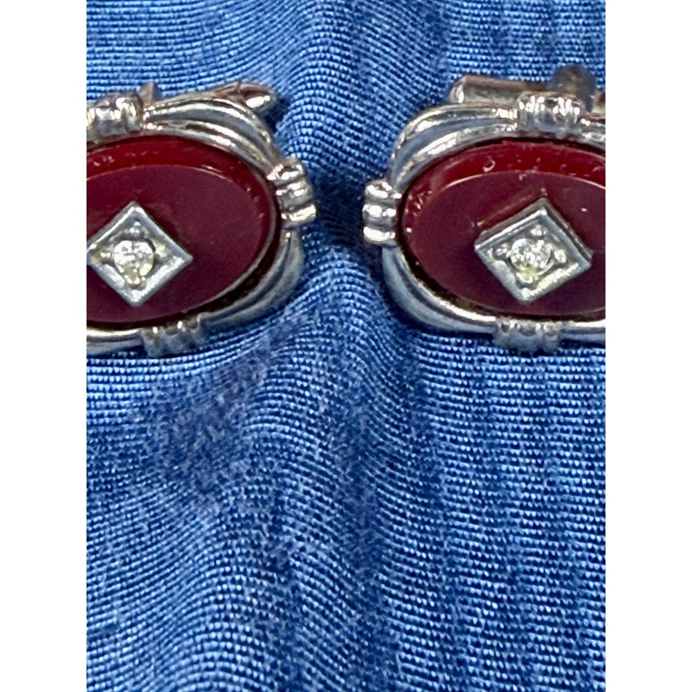 Vintage Silver Tone Red Stone Rhinestone Oval Cufflinks Mens Formal Accessory - Picture 2 of 6